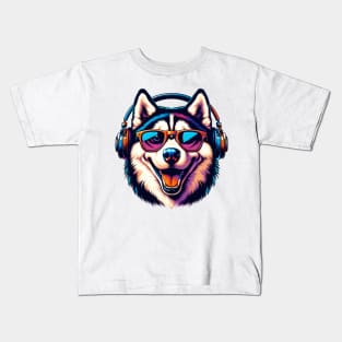 Siberian Husky Smiling DJ with Headphones and Sunglasses Kids T-Shirt